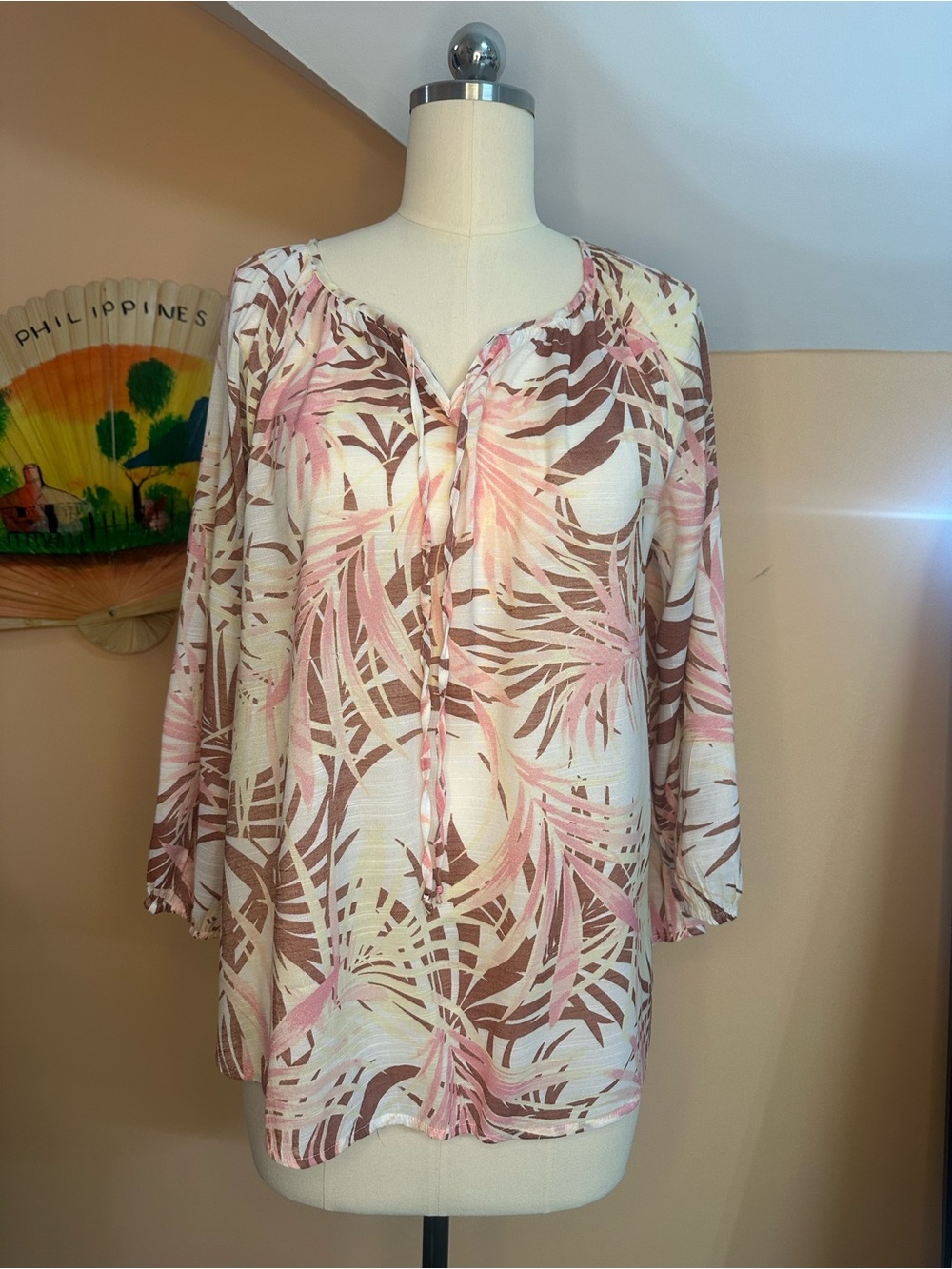 Women’s Printed Tie-Neck Blouse in Pink and Brown